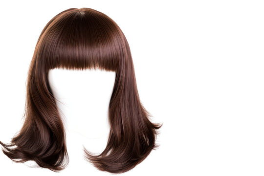 A sleek. shiny brown wig with soft curls and blunt bangs. displayed against a clean white background. ideal for fashion shoots or hairstyling tutorials