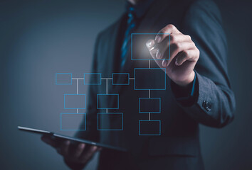 Businessman using digital organization chart interface, representing management structure, business planning, workflow system, and corporate hierarchy in modern technology.