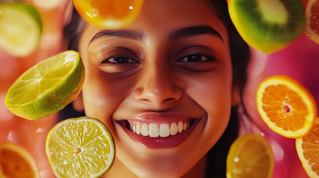 Smiling Woman Surrounded by Citrus Fruits