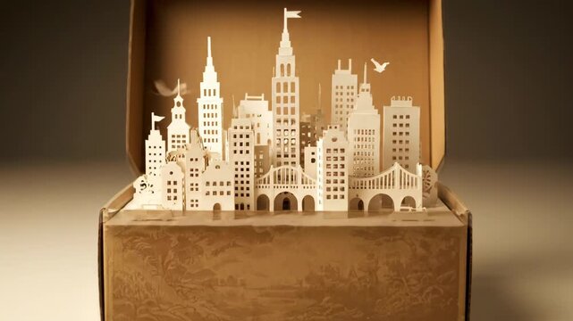 Brown corrugated cardboard box with an intricate embossed illustration depicting a natural landscape, representing themes of packaging, delivery, storage, and sustainability