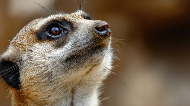 A zoo meerkat gazes upward in detail
