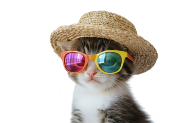 A stylish cat wearing colorful sunglasses and a straw hat. posing confidently against a plain background. exuding a playful and trendy vibe. perfect for summer-themed content