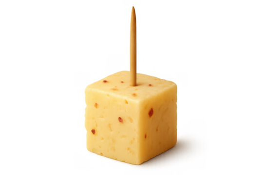 Cheese cube appetizer with a toothpick, ready to eat, snack food, dairy product, transparent background