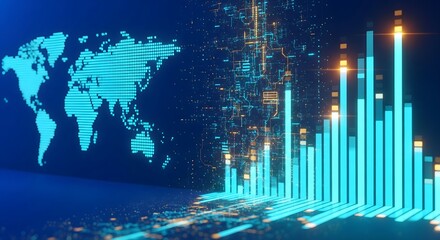 A digital world map with a glowing blue bar chart overlay, symbolizing global business, international markets, and economic data analysis on a futuristic technology background.