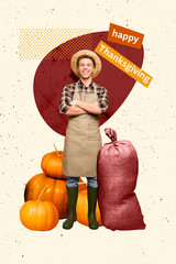 Sketch image art poster trend collage of happy farmer man stand agriculture harvest bag autumn...