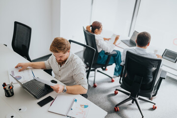 A bright open office scene shows three professionals working at separate desks.