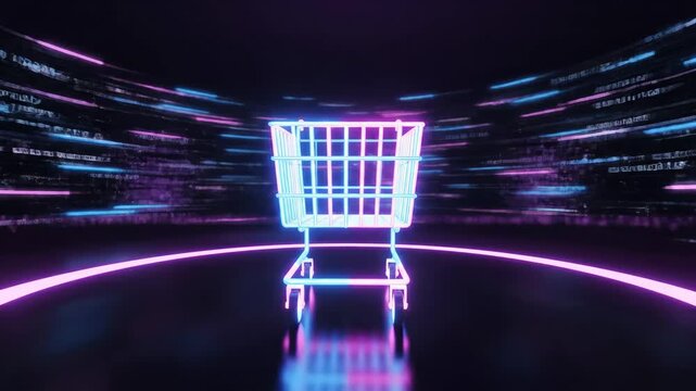 Neon Shopping Cart in a Cyberpunk Environment - An eye-catching video of a neon blue and pink wireframe shopping cart is set against a dark, futuristic background.