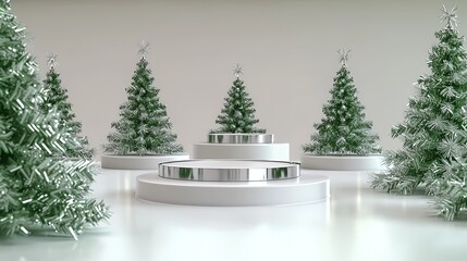 Minimalist White Background with Silver Chrome Christmas Trees on Podiums