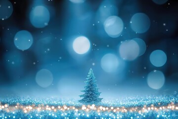 Blue Glitter Bokeh Lights with Blurred Christmas Tree for Festive Background