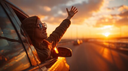 joyful driver enjoying sunset view from car personal freedom