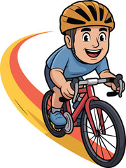Cartoon cyclist speeding on road bike wearing safety helmet cycling race or strenuous workout activity.