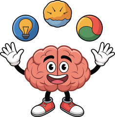 Cartoon brain mascot character juggling ideas emotion thinking problem solving vector illustration graphic