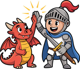 Cartoon knight in armor giving a high five to a cute smiling red dragon character