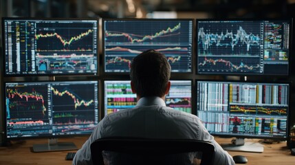 a financial analyst or stockbroker monitors realtime market data and charts on a setup of multiple computer screens
