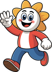 Cheerful flower mascot character running happily while waving hand symbolizing energy fun and outdoor activity.