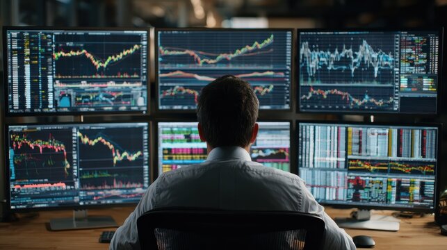 a financial analyst or stockbroker monitors realtime market data and charts on a setup of multiple computer screens