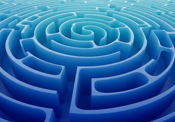 Entwined passages of a circular maze rendered in calming blue tones