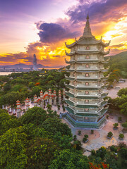 Sunset Over Linh Ung Pagoda Tower With Scenic Coastal View In Da Nang Vietnam