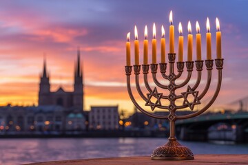 Menorah with lit candles against a vibrant sunset sky and cityscape, celebrating hanukkah
