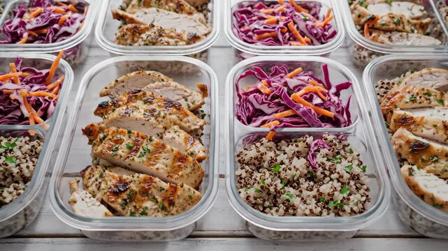 Prepared Healthy Lunch Meal Prep Containers - This video shows rows of meal prep containers filled with healthy foods.