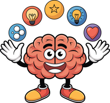 Happy cartoon brain mascot juggling skills creativity knowledge emotion vector illustration graphic design