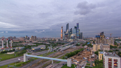 Fototapeta premium Business complex of skyscrapers Moscow city day to night timelapse.