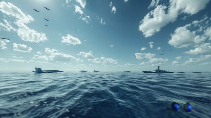 Futuristic military assets  advanced fighter jets, naval ships, and satellites in a high tech ocean