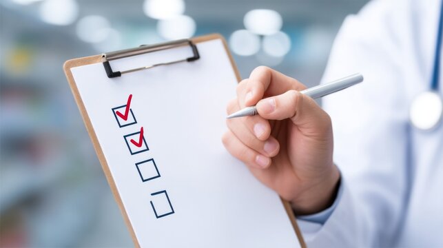 Hands of a pharmacist hold a clipboard with a checklist. Several items are marked, indicating a careful review of medications in a busy pharmacy environment