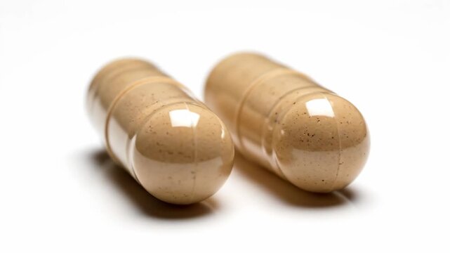 Beige Pills - Two beige capsules are lying on a white background. The pills are smooth and have a slight sheen, with some small, darker specks visible in the fill.