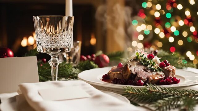 Festive Dinner Table: A Cozy Holiday Feast with Roast Turkey, Candles, and Sparkling Decor