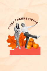 Sketch image art pop trend collage of two happy girl old woman mother daughter dance together autumn leaves thanks holiday
