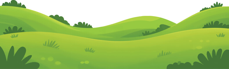 Obraz premium Bright green rolling hills with grass and bushes under a clear sky. Peaceful cartoon landscape background perfect for games, nature art, or digital design use.