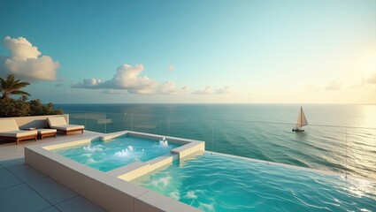 Fototapeta premium Rooftop jacuzzi with panoramic ocean view