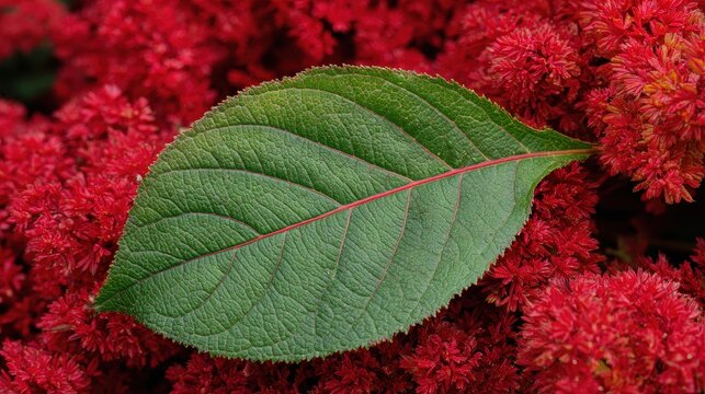 Acalypha wilkesiana leaf against a backdrop of red leaved shrub in a garden