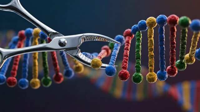 Dna double helix structure with colorful nucleobases, tweezers modifying a strand, representing genetic engineering, biology, medicine, and scientific research concepts