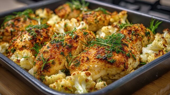 Baking dish of crispy cauliflower and herb seasoned roasted chicken breasts