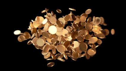 glittering gold coins suspended midair visualizing startup investor windfall, dramatic lighting, black background, glossy reflections, dense cluster of coins catching highlights, cinematic