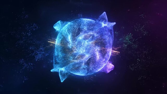 Abstract particles creating a dynamic flow of blue and green light streams, representing concepts of data transfer, energy flow, and technological connection in a dark cosmic space