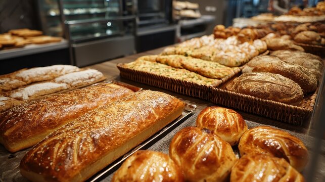 Bakery showcase of bread and focaccia