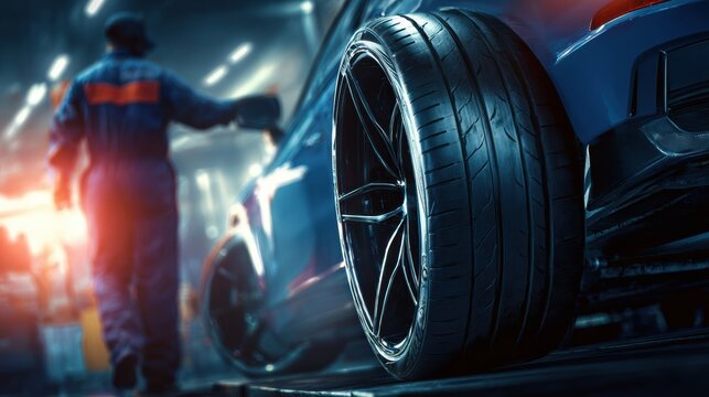 Car Tire Change Service in a Bright Workshop With a Focused Mechanic at Work - Powered by Adobe