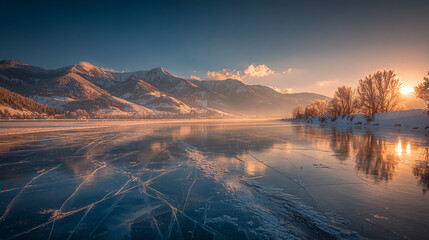 Golden sunset over a frozen mountain lake with ice cracks 