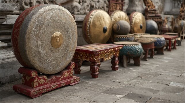 Balinese gamelan gongs showcased on stone floor for cultural events