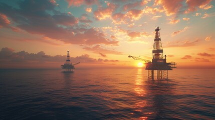 Majestic offshore oil rig illuminated by a breathtaking twilight sky during the tranquil dusk hours