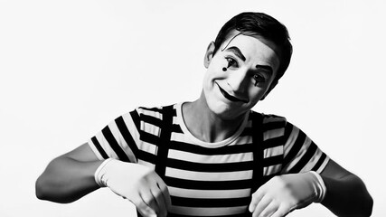 Comical mime expressing joy and displeasure through gestures in black and white