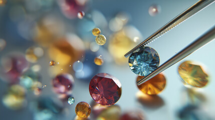AI generator images of Multicolored gemstones shining brightly in a radiant white environment with elegance and luxury, Assorted colorful precious gemstones and jewelry tools are scattered on a textur