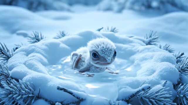 Glowing blue ice egg cradled in snow-dusted pine branches, emitting ethereal light in a tranquil winter forest&mdash;mystical, fragile symbol of hidden potential and discovery