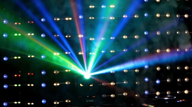 4K disco laser and stage lighting animation with flashing lights, smoke effects and blinking floodlights. Includes VJ stage nightclub blinder matrix beams halogen lamps and looping onoff sequences