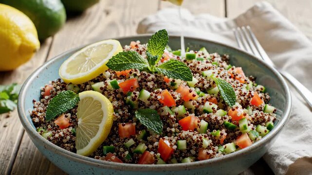 Quinoa Salad with Lemon - A person is squeezing lemon juice on a quinoa salad in a blue bowl. The salad is made with quinoa, diced cucumbers, diced tomatoes, and fresh mint leaves.