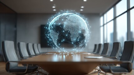digital globe with network connections in a meeting room showing global connectivity concept