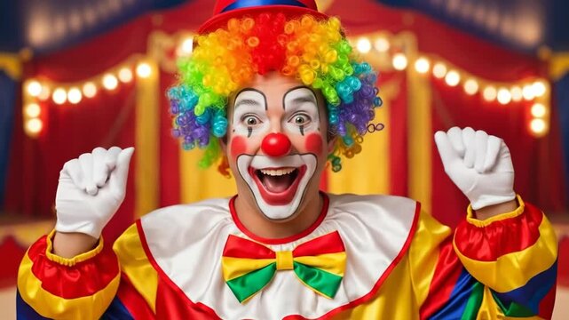 Cheerful clown performing in colorful circus tent with playful gestures and vibrant expressions